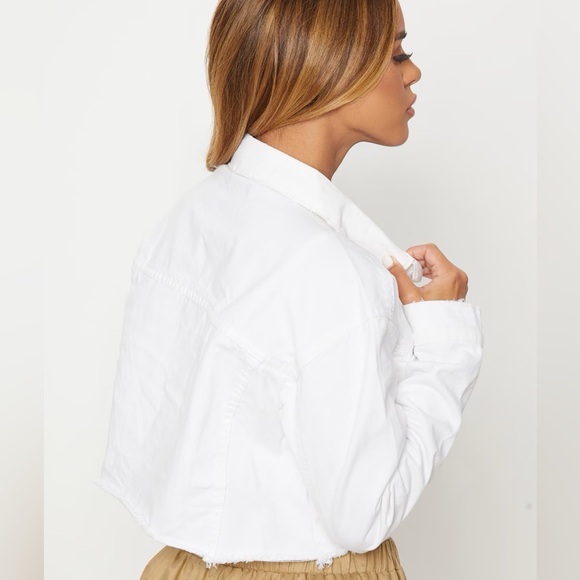 PrettyLittleThing Raw Edge Cropped White Denim Jacket Size 10 - Picture 10 of 12